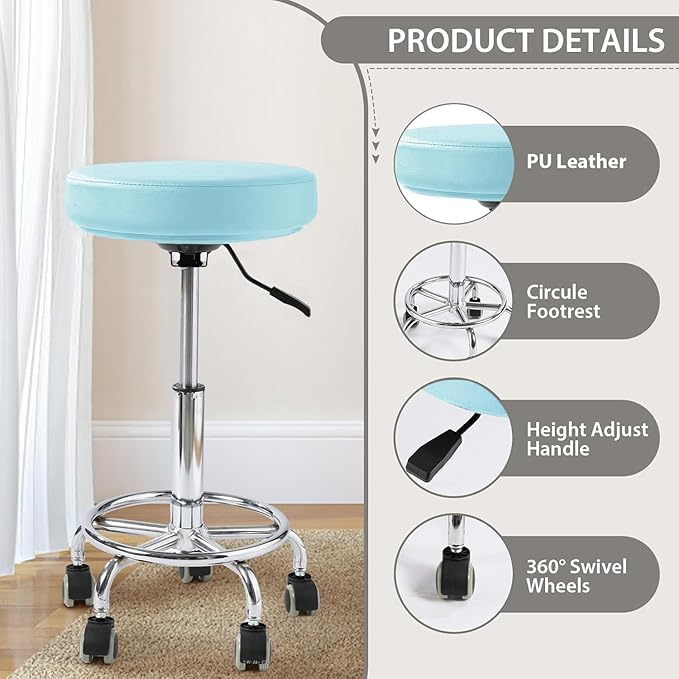 Adjustable Rolling Stool with Wheels Heavy Duty 500lb Round RollingStool with Footrest, Patent Leather Drafting Stool Chair with Wheels Work Spa Salon Seat,Blue