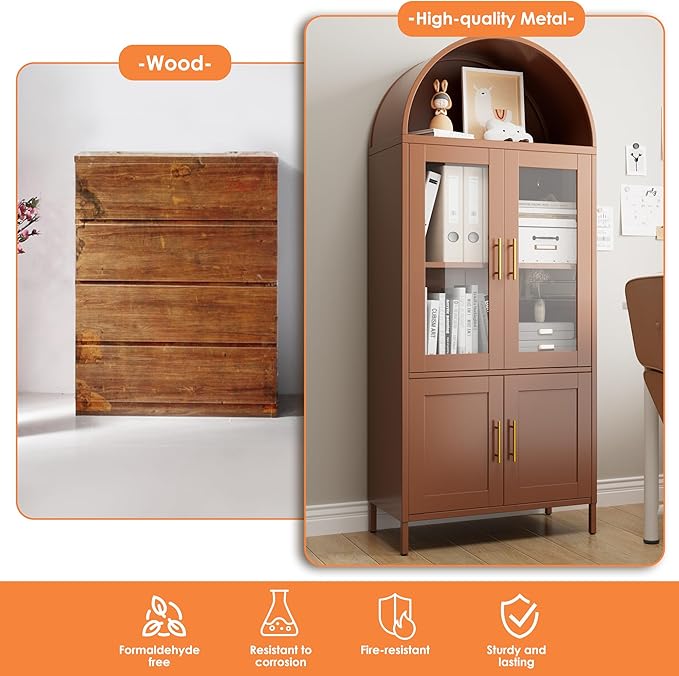 Metal Arched Bookcase Cabinet with 4 Doors,Arched Pantry Cabinet for Home Office Living Room,Required Assembly,Brown