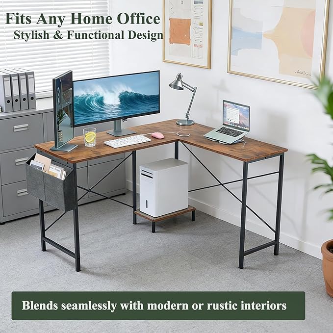 L Shaped Desk, 50 Inch Reversible Computer Desk Corner Gaming Table with CPU Stand & Storage Bag, Sturdy Metal Frame PC Workstation for Home Office, Brown Wood