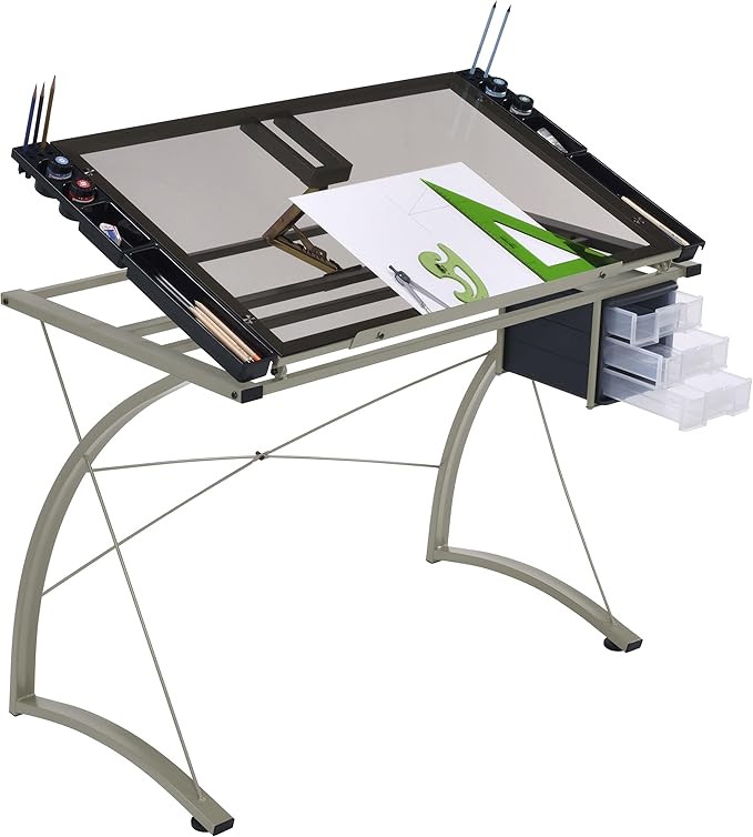 Coaster Home Furnishings - Melo - Metal and Glass - 41-Inch Drafting Table with Adjustable Pitch, Three Drawers, Retractable Pencil Ledge and Storage Compartments - Home Office - Silver - 800986