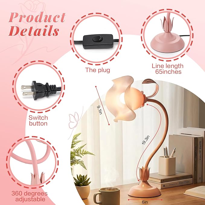 Flower Desk Lamp, 3 Color Modes LED Reading Light,Silicone Flexible Arm Book Light for Reading, Cute Bedside Table Lamp Bedroom Living Room Decor, Perfect Mother's day Valentine‘s Birthday Gift