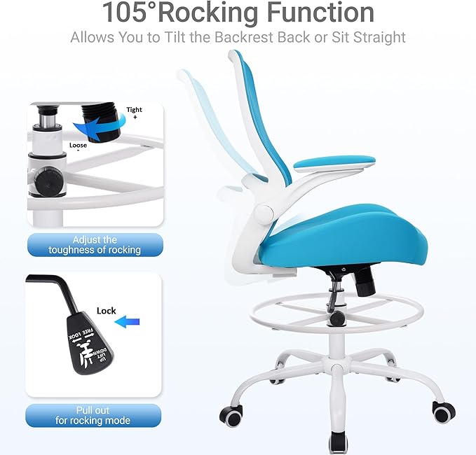 HYLONE Drafting Chair Tall Office Chair with Flip-Up Armrests Ergonomic Computer Chair with Lumbar Support Adjustable Footrest Ring Mesh Standing Desk Chair (Blue)