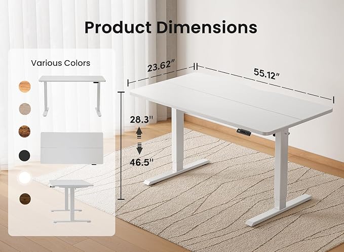 BANTI 55 × 24 Inches Standing Desk, Ergonomic, Electric Height Adjustable, Sit and Stand Up, Computer Office Desk with Splice Board, White Frame/Whitetop