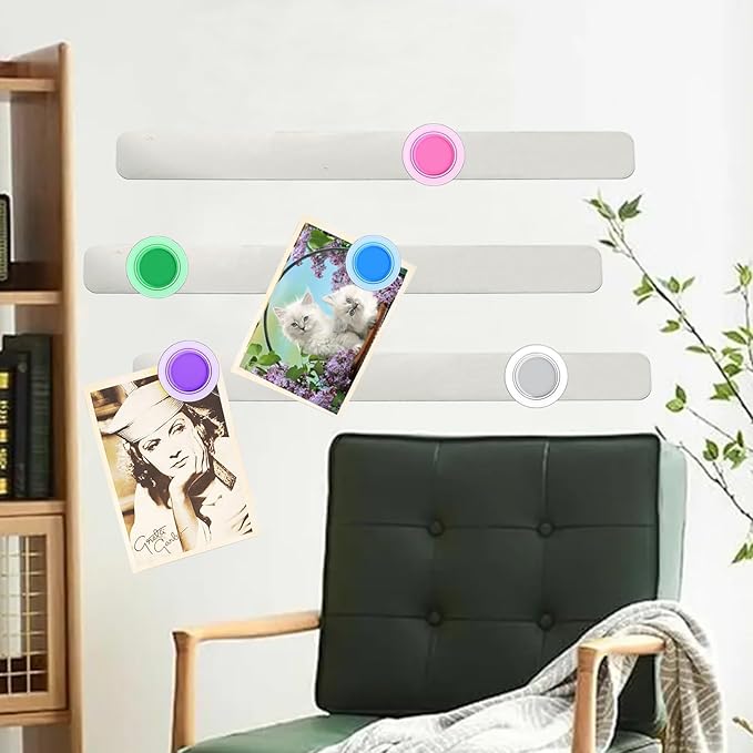 Magnetic Board Strip Set, 2 Pack Frameless Stainless Steel Iron Magnetic Strips with Adhesive Backing, Memo Notes Bulletin Bar Board for Wall, Office, School, Home, Includes 7 Colorful Magnets