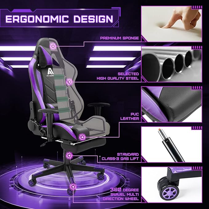 Gaming Chair High Back Ergonomic Computer Racing Chair Adjustable Office Chair with Footrest, Lumbar Support Swivel Chair - Upgraded Version BlackPurple