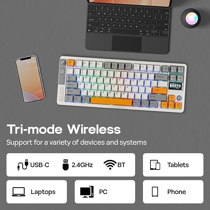 EPOMAKER RT85 Wireless Mechanical Keyboard with Joystick & DIY Screen, 8000mAh, BT/USB/2.4Ghz, Gasket, 5-Layer Paddings, Hot-Swap, PBT Keycap, 75% Gaming Keyboard (Retro White, Creamy Jade)