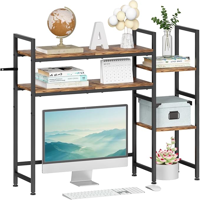 Desktop Bookshelf Hutch Desk Shelf 4 Tier Desktop Organizer Shelf for Computer Monitor 37.4" W Desk Hutch Organizer for Computer Desk Computer Desktop Bookcase for Home Office Dorm, Rustic Brown