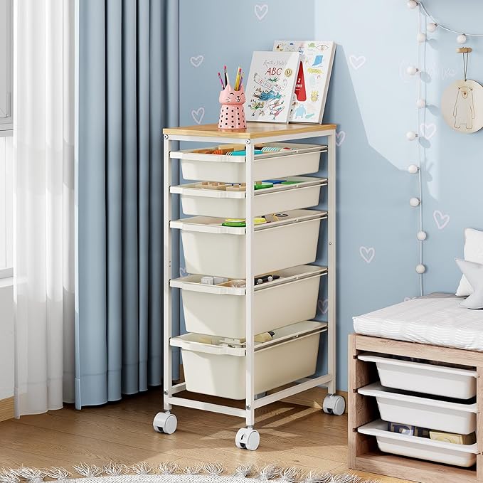 Rolling Storage Cart with 5 Drawers, Craft Organizer, Wooden Tabletop Utility Cart for Bedroom, Children's Room and Office Organization, Table Side Trolley with Lockable Wheels, White