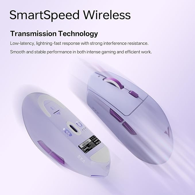 VXE V3 Pro Lightweight Wireless Gaming Mouse, PAW3395 SE Sensor, 18000 DPI, 6 Programmable Buttons, 300h Battery,1k Polling Rate, Compatible with PC, Mac (V3 Pro, Purple)