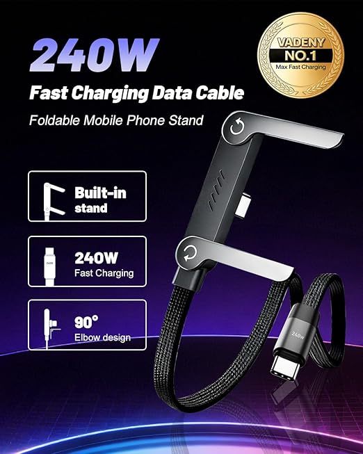 240w USB-C Stand Data Cable,Flat Phone Charger Sideways Invisible Stand Data,2PCS Portable Flat Phone Charging Cables,Multi-Function Foldable Durable Charging Cord,5ft C to C Charge Cord