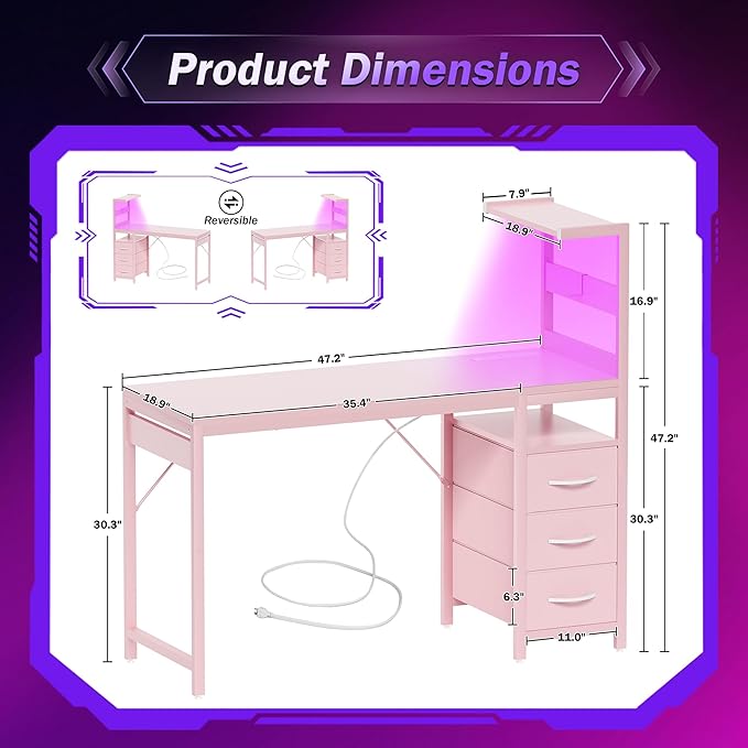 YOUDENOVA 48 Inch Gaming Computer Desk with Led Lights, Small Desk with Storage Shelves and Drawers, Reversible Compact Gamer Table for Home Office, Carbon Fiber Pink