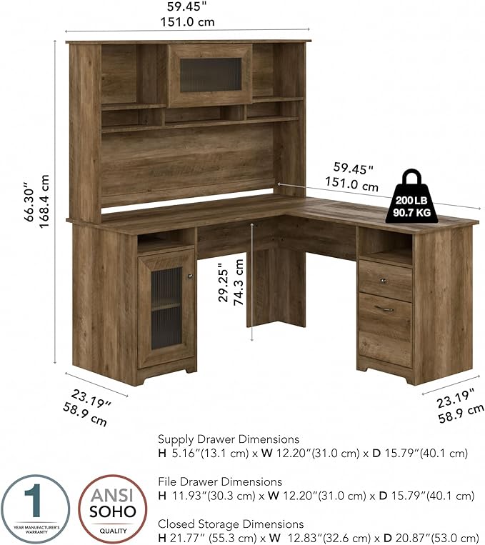 Bush Furniture Cabot L Shaped Desk with Hutch, Corner Desk with Storage for Home Office in Reclaimed Pine, 60W L Shaped Computer Desk