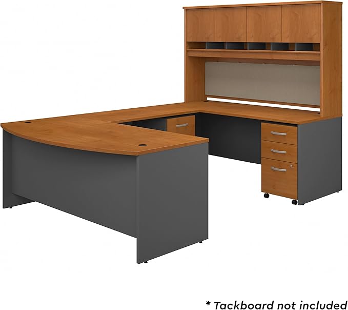 Bush Business Furniture 72W Bow Front U Shaped Desk with Hutch and Storage in Natural Cherry