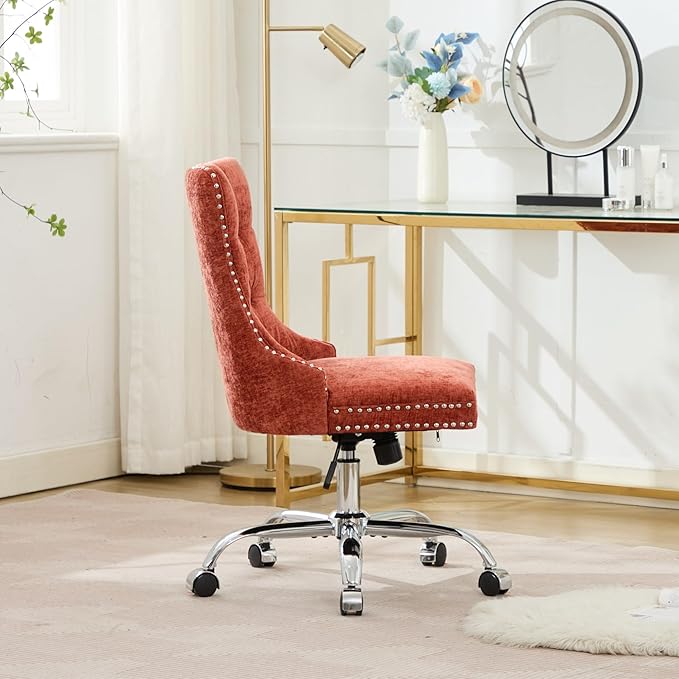 Goujxcy Desk Chair, Modern Chenille Upholstered Tufted Button Home Office Chair, 360° Swivel Armless Desk Chairs, 120°Rocking Ergonomic Computer Task Vanity Chairs, Orange