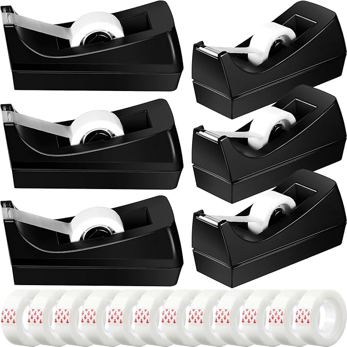 Yahenda 6 Pack Black Desktop Tape Dispenser Non Skid Base with 0.7 x 985 Inches Invisible Tape Refills Bulk Weighted Roll Dispenser for Office Home School