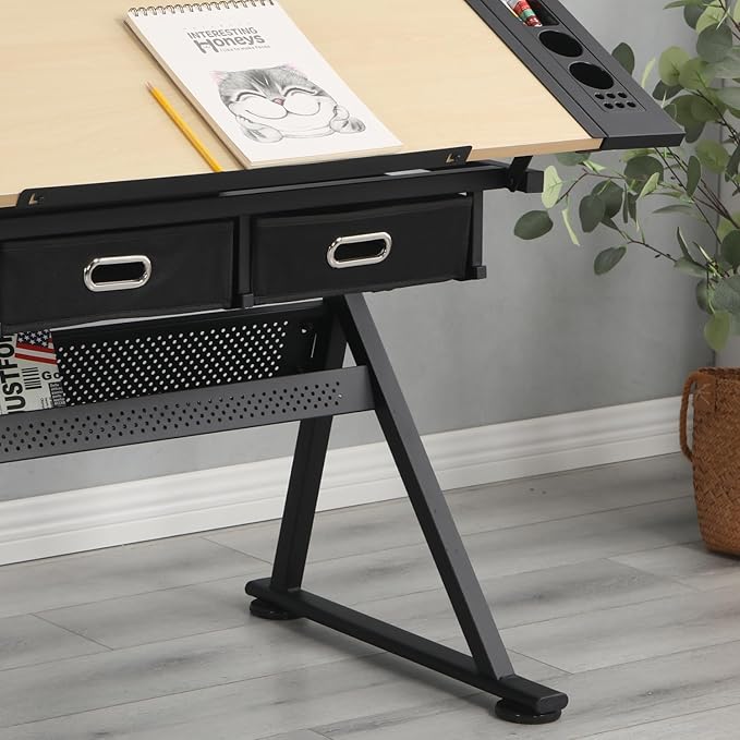 Drafting Table Art Table Adjustable Drawing Table Tilted Tabletop, Craft Table, with Storage Drawers and Stool, Crafting Desk with Storage for Painting Diamond Reading Writing Study (White B)