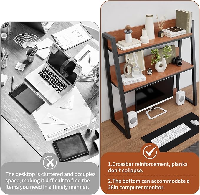 AQQHSAIN Desktop Hutch Shelf 2-Tier Ladder Bookshelf Computer Bookcase Wooden Desktop Display Rack Multipurpose Desk Hutch Top Only for Home Office Dorm Use (Brown, 75CM)