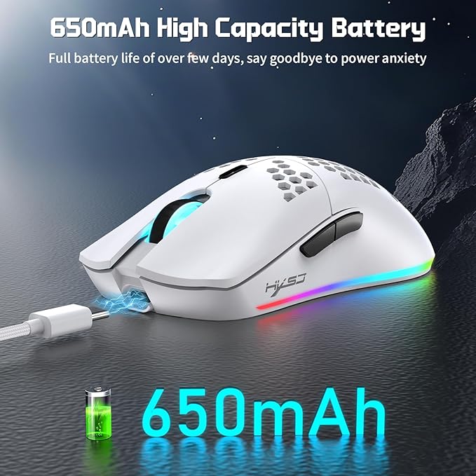 FREEWOLF X HXSJ T66 Wireless Gaming Mouse Tri-Mode Superlight Honeycomb Design PAW3212 3600DPI Sensor 1000Hz Polling Rate Bluetooth/2.4Ghz/Wired Ergonomic PC Mice RGB Light Programmable Buttons-White