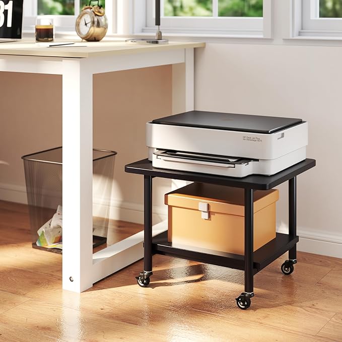 Giantex Under Desk Printer Stand, 2-Tier Mobile Printer Table with Storage Shelf, Lockable Wheels & Metal Frame, Rolling Printer Cart Holder, Storage Rack for Home Office Scanner Fax Machine (Black)