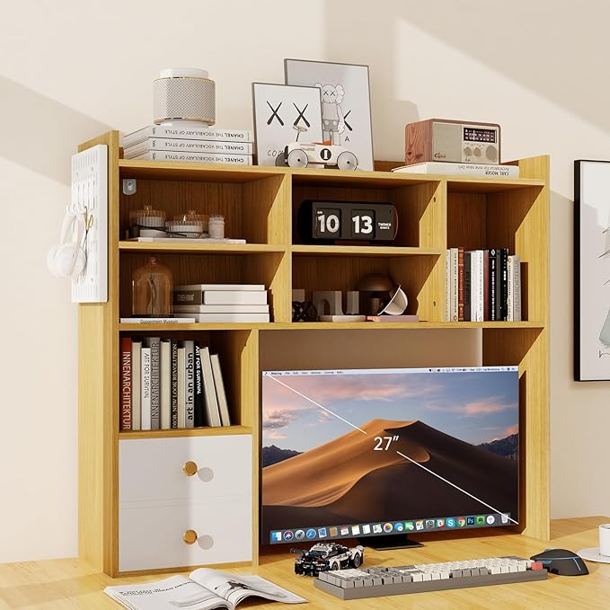 ELECWISH Desktop Bookshelf, Desk Shelf with 2 Drawers for Computer Desk, 36.22" 7-Tier Adjustable Desktop Hutch Organizer with Pegboard for Home Office, Oak