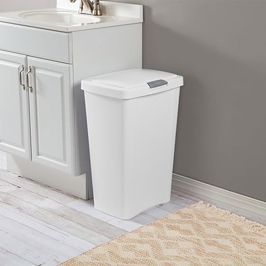 Sterilite 13 Gallon TouchTop Wastebasket Trash Can Garbage Recycle Bin with Titanium Latch for Kitchen, Garage, Basement, or Office, White (4 Pack)