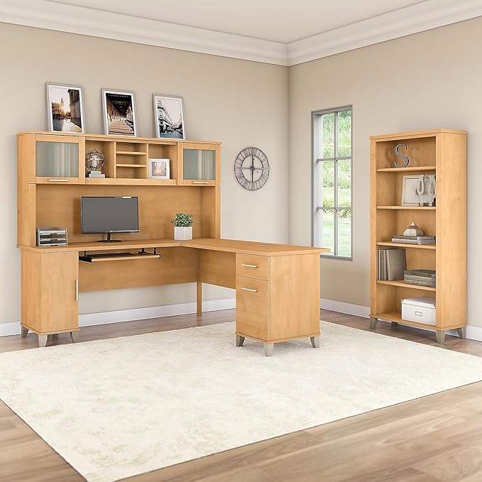 Bush Home Somerset 72W L Shaped Desk with Hutch and 5 Shelf Bookcase in Maple Cross
