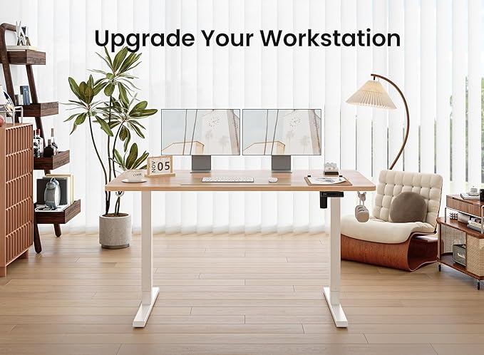 BANTI 63 × 28 Inches Standing Desk, Ergonomic, Electric Height Adjustable, Sit and Stand Up, Computer Desk with a Deeper Desktop, White Frame/Maple Top