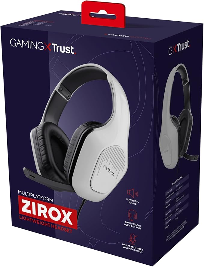 Trust Gaming GXT 415W Zirox Lightweight Gaming Headset with 50mm Drivers for PC, Xbox, PS4, PS5, Switch, Mobile, 3.5 mm Jack, 2m Cable, Foldaway Microphone, Over-Ear Wired Headphones - White