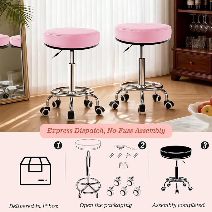 Heavy Duty Round Rolling Stool 500lb, PU Leather 360-degree Support Full-Edge Cover Layer Drafting Chair with Wheels, Height Adjustable Swivel Stool with Footrest, 5-min Easy Assembly (Pink)