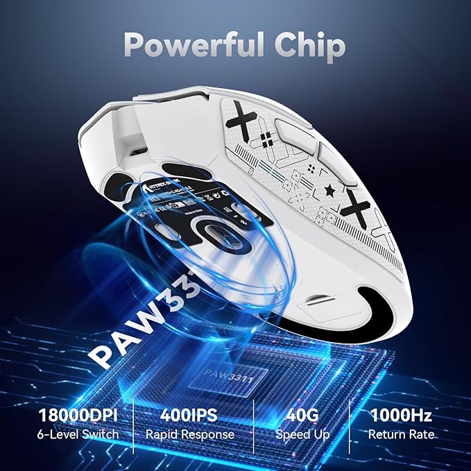 MAMBASNAKE Attack Shark R1 Wireless Gaming Mouse, PixArt PAW3311 Optical Sensor 18K DPI, 59g Lightweight 2.4Ghz/BT5.2/Wired Computer Mice with Programmable Buttons for PC/Laptop/Win/Mac - White&Tape