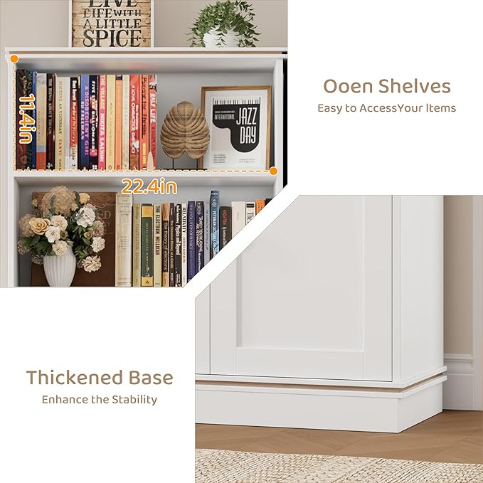 HOSTACK 71" Tall Book Shelf and Bookcase with Doors, 6 Tier Wooden Bookshelf with Storage Cabinet, White Farmhouse Bookshelves and Bookcases, Free Standing Display Shelves for Home Office, Living Room
