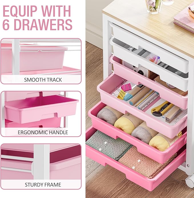 SYKIARIOL Rolling Cart with Drawers,Utility Cart with 6 Drawers,Rolling Storage Cart with Drawers and Wooden Tabletop & Lockable Wheel,Pink