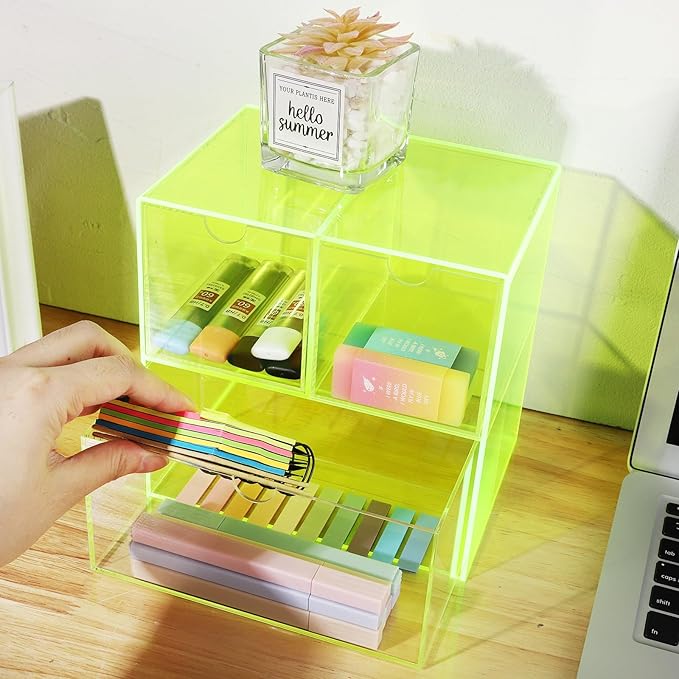 Gelite Desk Organizer with 3 Storage Drawers for Makeup Office Acrylic Desktop Drawer Organizer for Vanity Office Organization and Storage Box, Neon Green