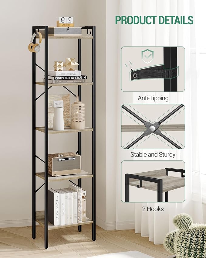 Hzuaneri Bookshelf, Book Shelf, Industrial Bookcase with 2 Hooks, Coner Shelf Storage Organizer for Home Office, Living Room, Bedroom, Kitchen, 5-Tier Greige BC10505B