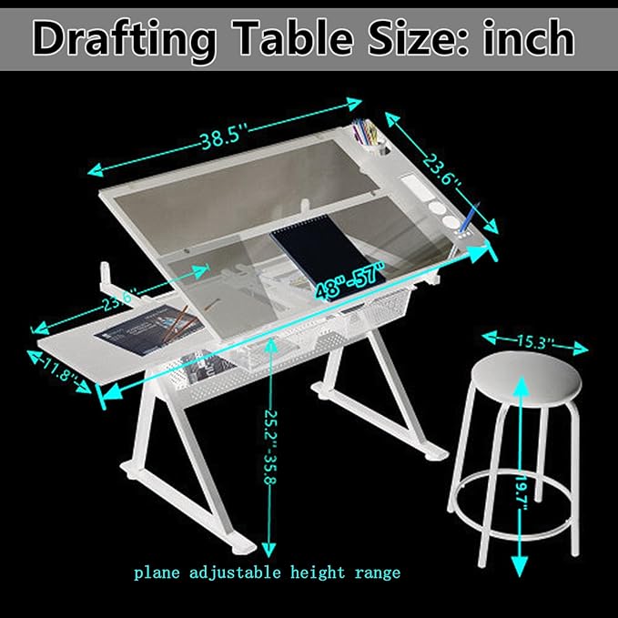 Drafting Table for Artists, Height Adjustable Glass Drawing Table with Stool, Ergonomic Art Table with 0-75° Tilting Tabletop and More Storage for Home Office, Type 1-White