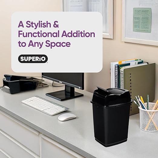 Garbage Cans with Swing Top-Split Lids, 2 Pack | Small Trash Cans with Lids | Durable Plastic | Slim & Sturdy Trash Bins | Fingerprint Resistant | 1.25 Gallon / 5 qt / 5 L - Black | Superio Brand