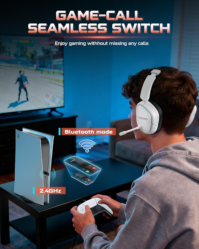 NUBWO Gaming Headset Wireless for PS5, PC, PS4 - Dual 2.4G & Bluetooth Simultaneous Headphones, EQ Sound Modes, Noise-Canceling Mic, 50-Hour Battery, Comfortable Foldable Design, 270g Lightweight