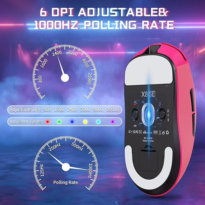 ATTACK SHARK X8SE Wireless Gaming Mouse,Adjustable 25K DPI PAW3311 Optical Sensor,Ergonomic 59g Lightweight,Triple Modes 2.4G/BT/USB-C,500mAH Battery,5 Programmable Buttons for PC/Mac-Red&Griptape