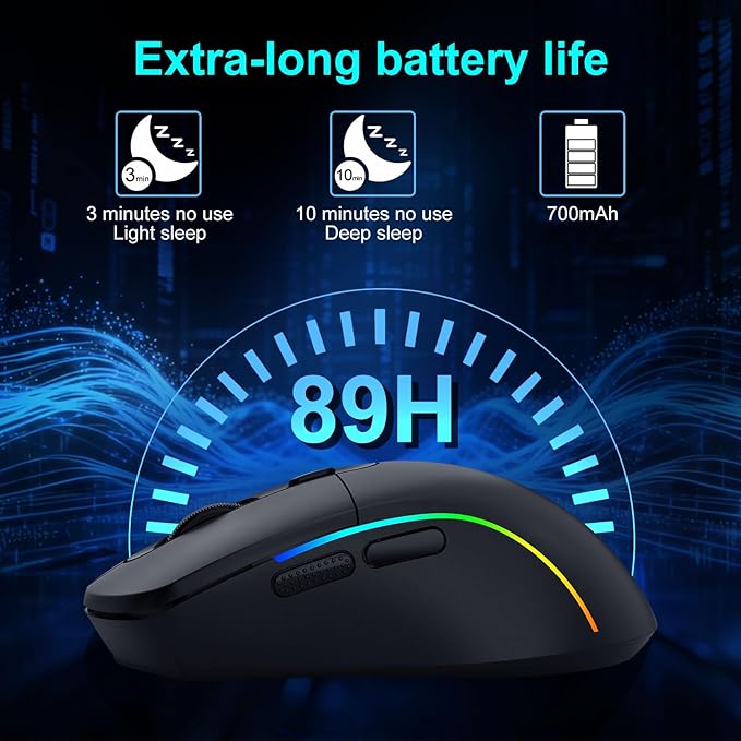 E-YOOSO Wireless Gaming Mouse, 10,000 DPI, Tri-Mode 2.4Ghz/Bluetooth/USB-C Wired, RGB Backlit, 6 Programmable Buttons, Ergonomic Rechargeable Gamer Mice with PC, Mac, PS, Xbox - Black