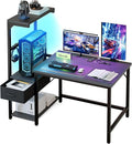 Grandder Gaming Desk 41 Inch with CPU Stand and LED Light, Computer Desk with Reversible Shelves and Storage Drawer, Pc Small Desk for Home Office Table with Bag, Carbon Fiber Black