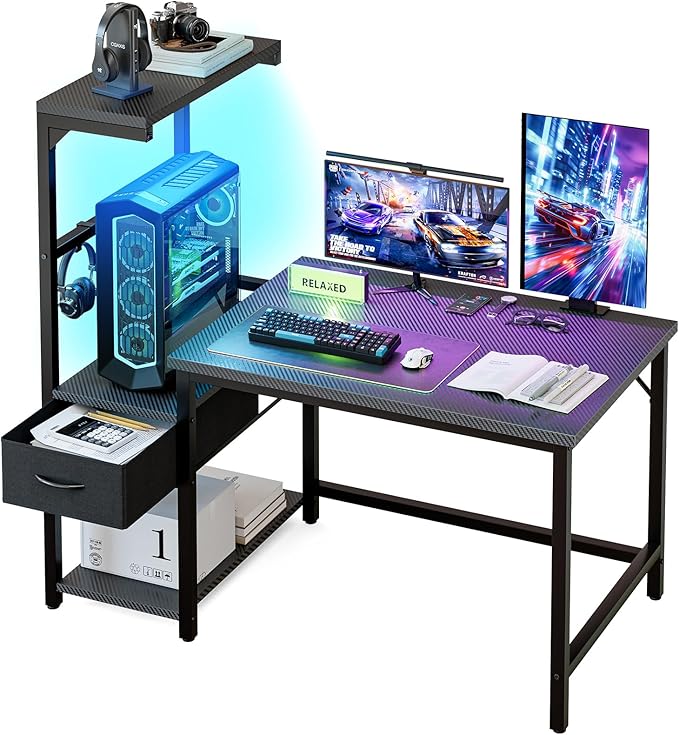 Grandder Gaming Desk 41 Inch with CPU Stand and LED Light, Computer Desk with Reversible Shelves and Storage Drawer, Pc Small Desk for Home Office Table with Bag, Carbon Fiber Black