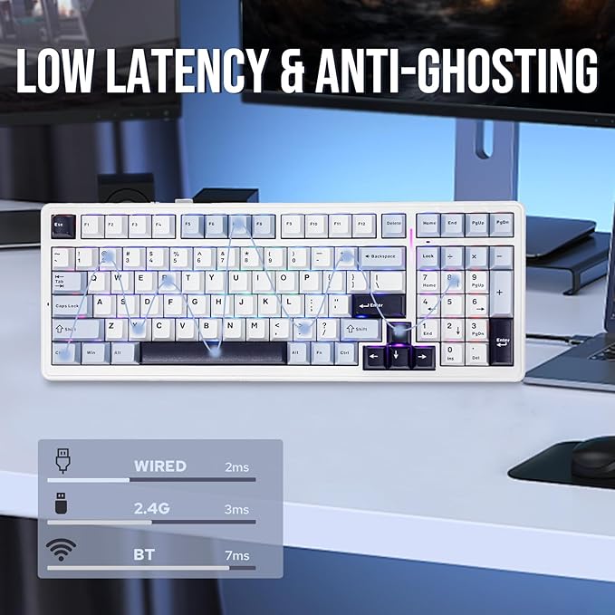 EPOMAKER x Aula F99 Wireless Mechanical Keyboard, Hot Swappable Gasket Custom Gaming Keyboard with Five-Layer Padding, BT/2.4GHz/USB-C, 8000mAh Battery (White Blue, Graywood V3 Switch)