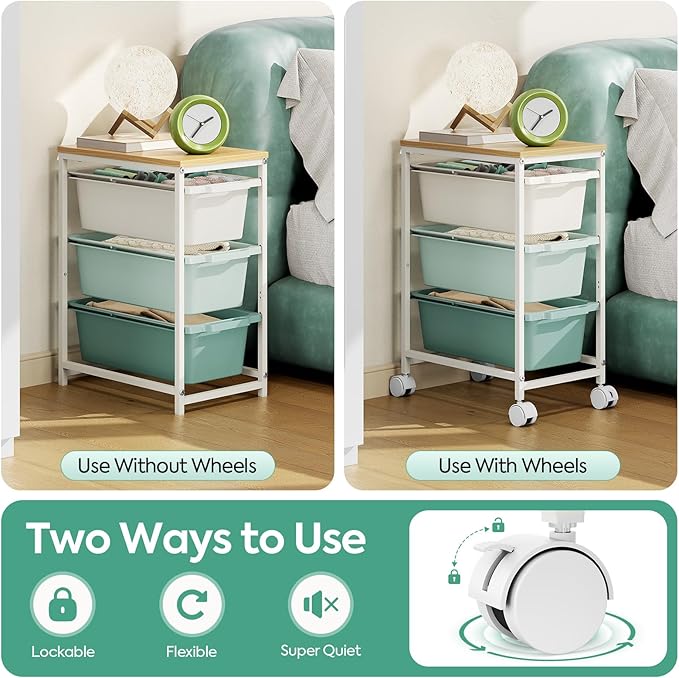 Rolling Storage Cart with 3 Drawers, Craft Organizer, Wooden Tabletop Utility Cart for Bedroom, Children's Room and Office Organization, Under Desk Trolley with Lockable Wheels, Green
