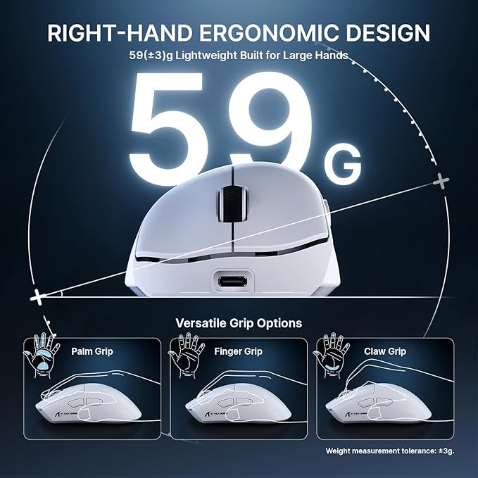 ATTACK SHARK V8 8K Wireless Gaming Mouse Whit 42000 DPI-PAW3950 MAX Sensor-59g Lightweight-Nordic54L15 MCU-400h Battery Life, Triple Modes,Gaming Accessories for PC/Laptop/Mac (White)