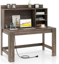 Giantex Computer Desk with Hutch, Modern Home Office Desk with Power Outlets, Storage Shelves & Cable Hole, Makeup Vanity Table, Study Writing Desk for Bedroom Office Small Space (Grey Oak)