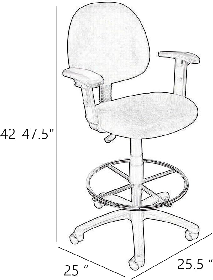 Benzara Jea Drafting Stool Chair, Adjustable Arms, Blue Tweed, Round Footring