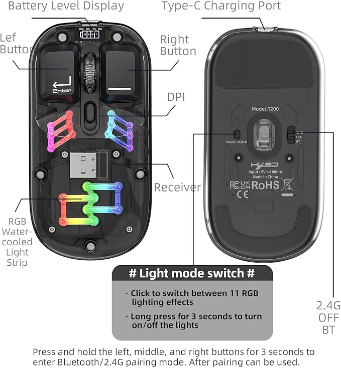Wireless Bluetooth Mouse, Transparent BT + 2.4G Dual-Mode Mechanical Mouse with Magnetic Top Cover, Rechargeable RGB Backlit Gaming Mouse for Gaming/Esports/Desktop/Laptops/Tablets (Black)