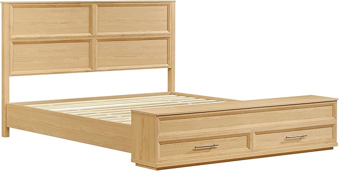 King Size Bed with 3D Geometric Headboard & Storage Bench - 4-Drawer Storage, Modern Bedroom Furniture,Oak. The 3D geometric grid pattern on the headboard exudes modern charm, blending refinement wi