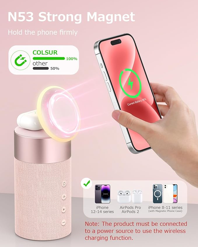 COLSUR Bluetooth Speaker, Magnetic Wireless Charger, Bluetooth Speakers with Night Light, 2 in 1 Wireless Charging Station for iPhone 17/16/15/14/13/12 Series, AirPods Pro 2/4/3/2（Gift Ideal） (Pink)