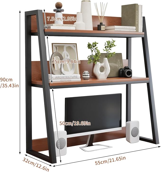 AQQHSAIN Desktop Hutch Shelf 2-Tier Ladder Bookshelf Computer Bookcase Wooden Desktop Display Rack Multipurpose Desk Hutch Top Only for Home Office Dorm Use (Brown, 55CM)